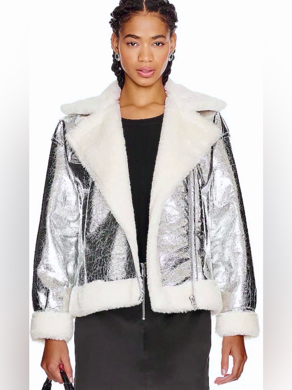 Blank NYC Metallic Silver Faux-Shearling Bomber Jacket - Picture 1 of 14